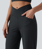 Pantalon de yoga droit taille haute croisée ventre plat à rayures avec poches