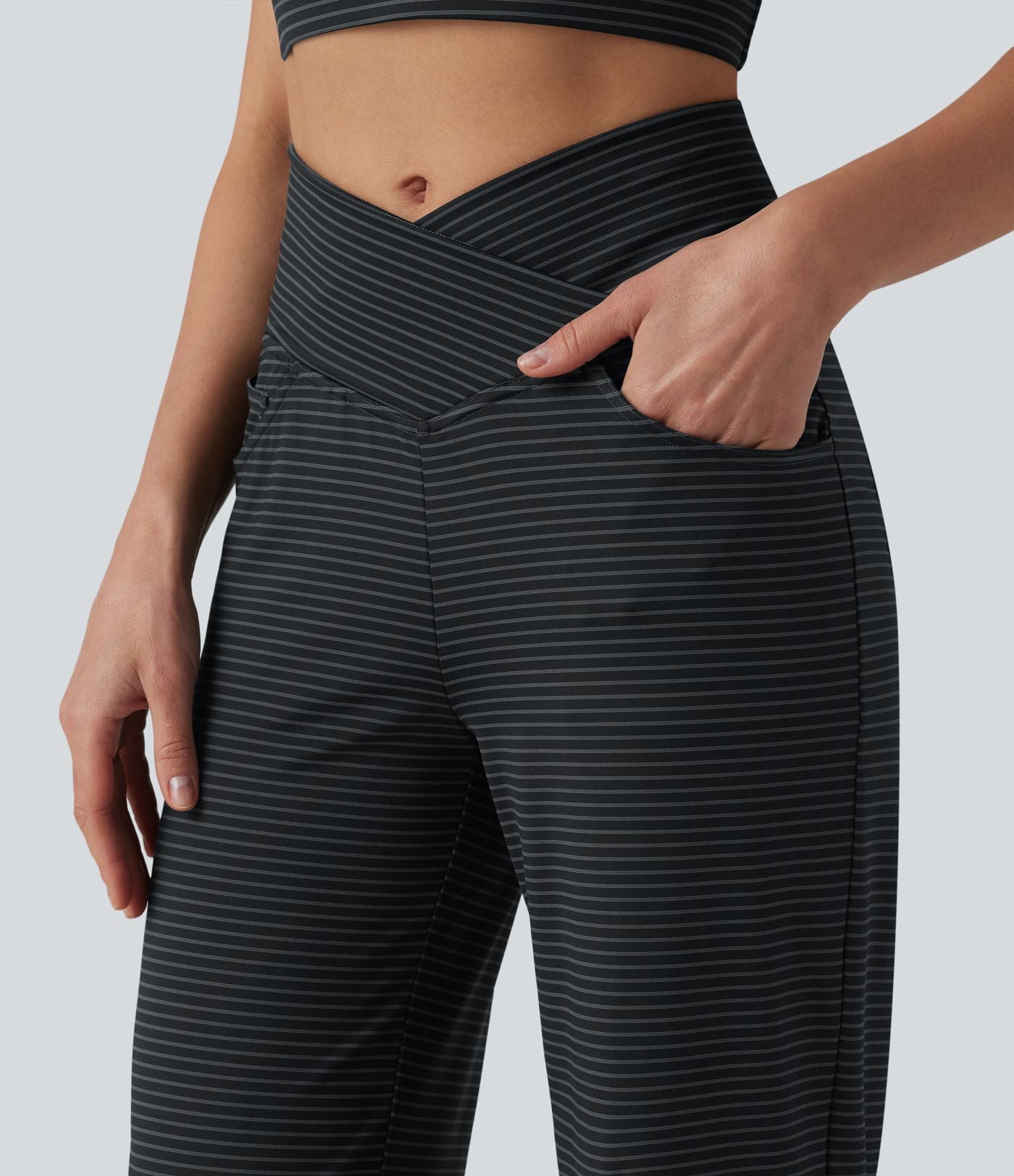 Pantalon de yoga droit taille haute croisée ventre plat à rayures avec poches
