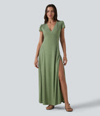 Robe longue fluide col V manches courtes