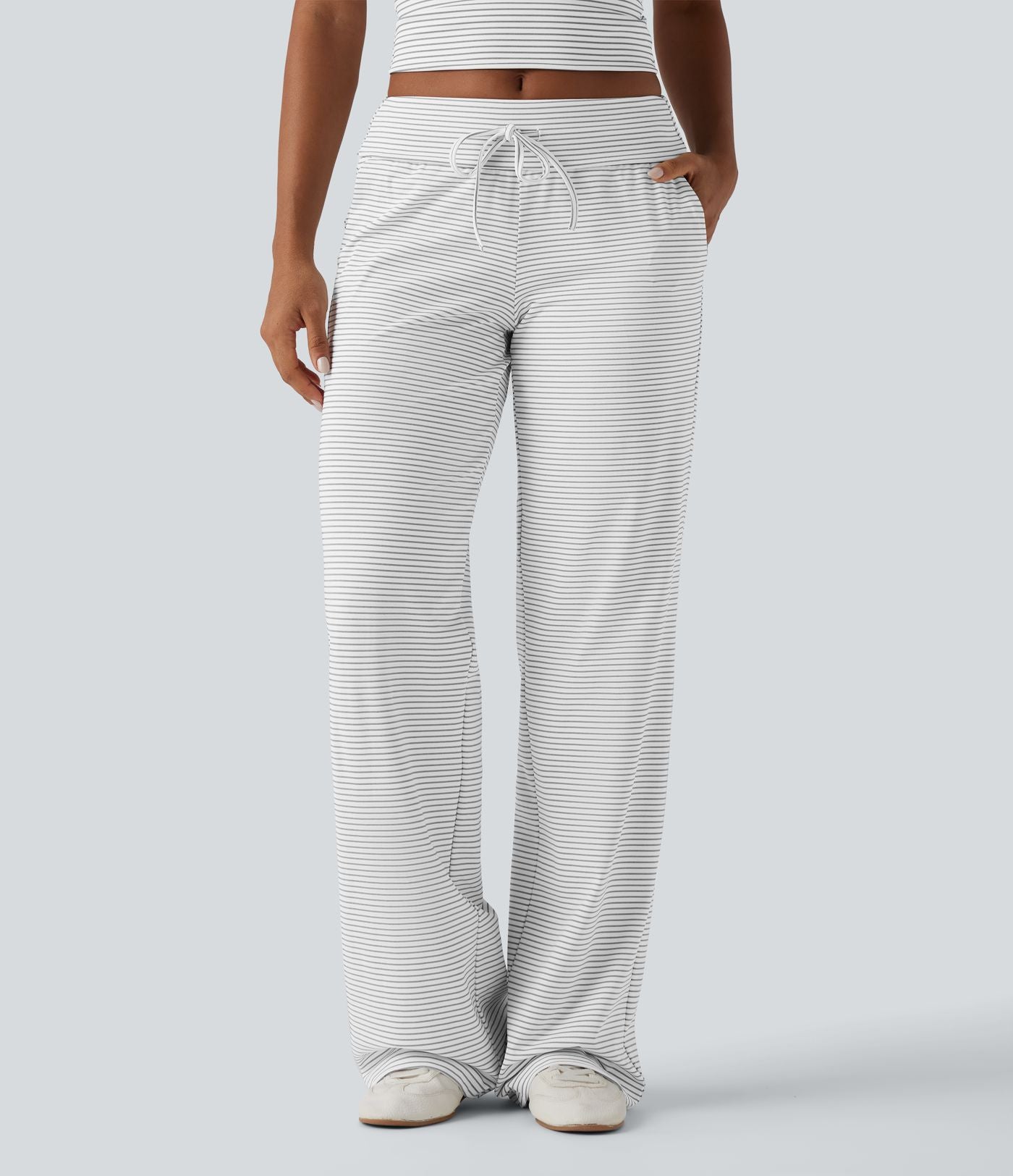 Pantalon décontracté droit à rayures taille basse repliable avec cordon de serrage et poches