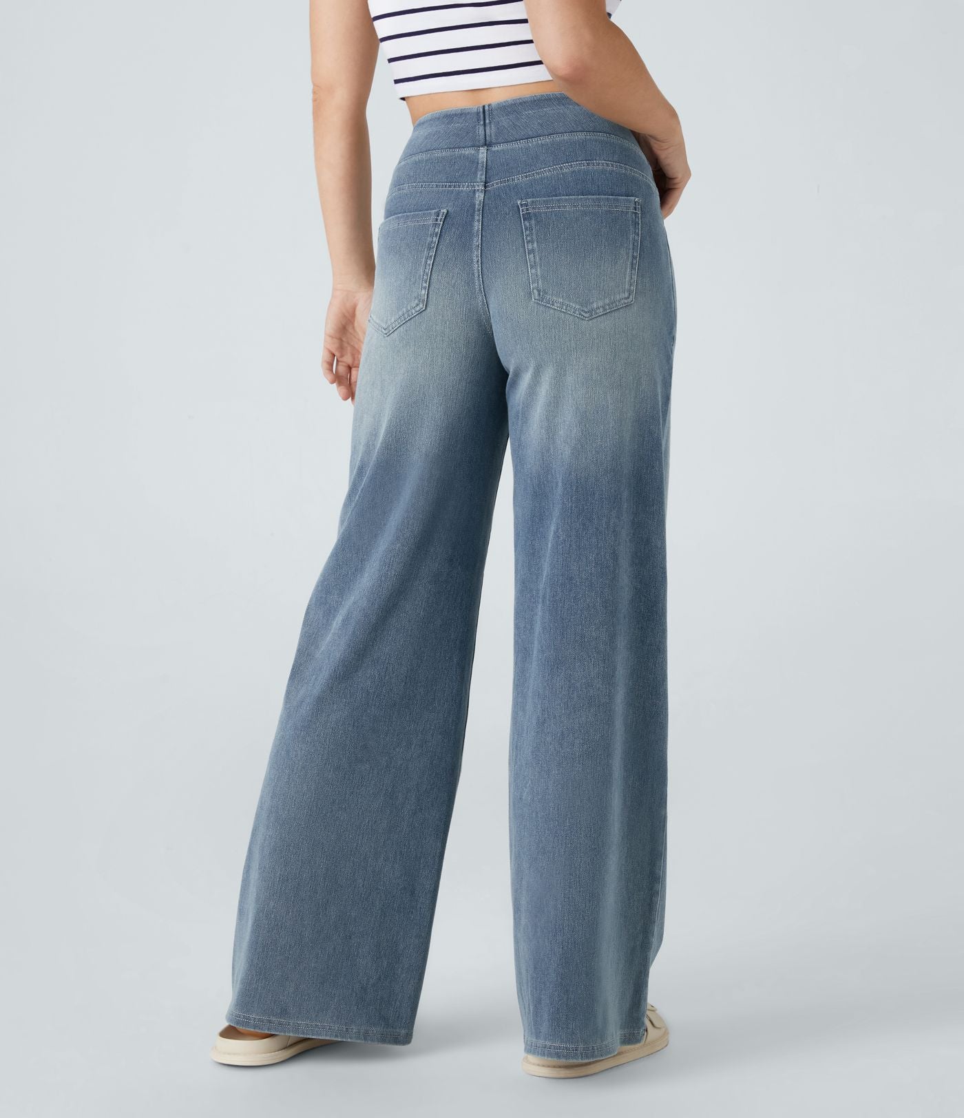 Halara Flex™ Jean Large Casual Taille Haute Poches Multiples Tricot Extensible Délavé