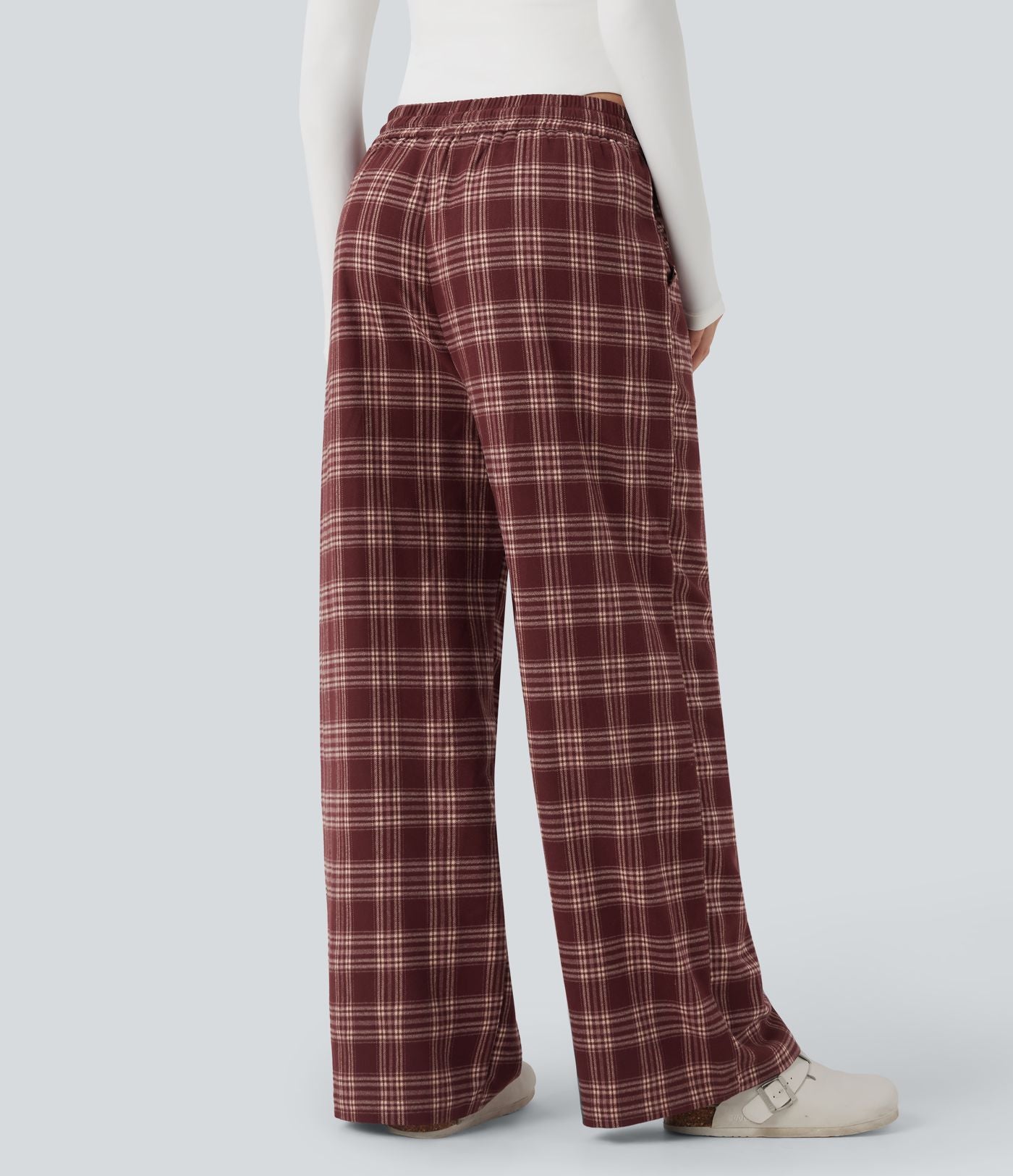Pantalon baggy taille haute imprimé carreaux avec poches