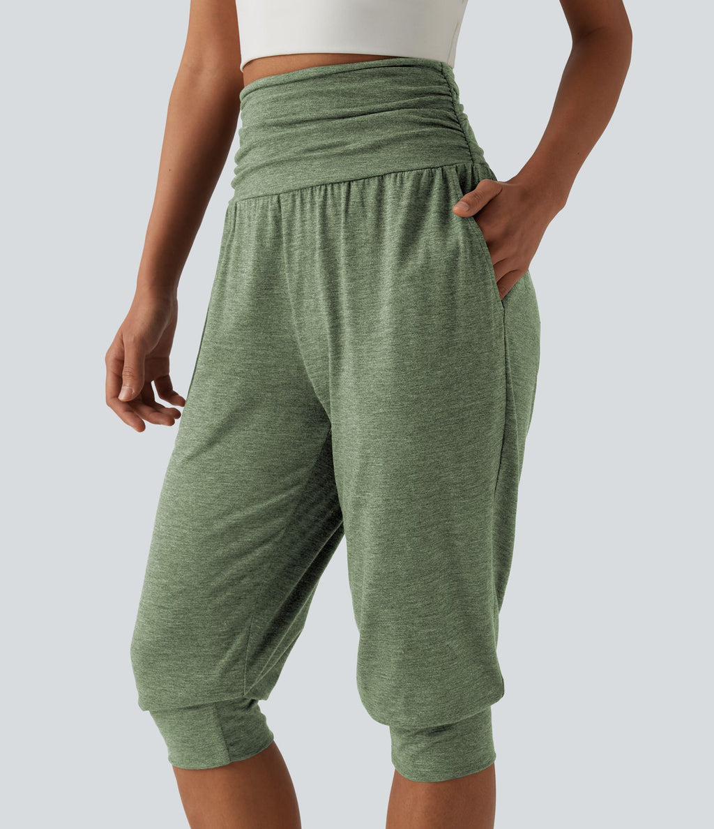 Jogging yoga corsaire chiné taille haute à fronces avec poches