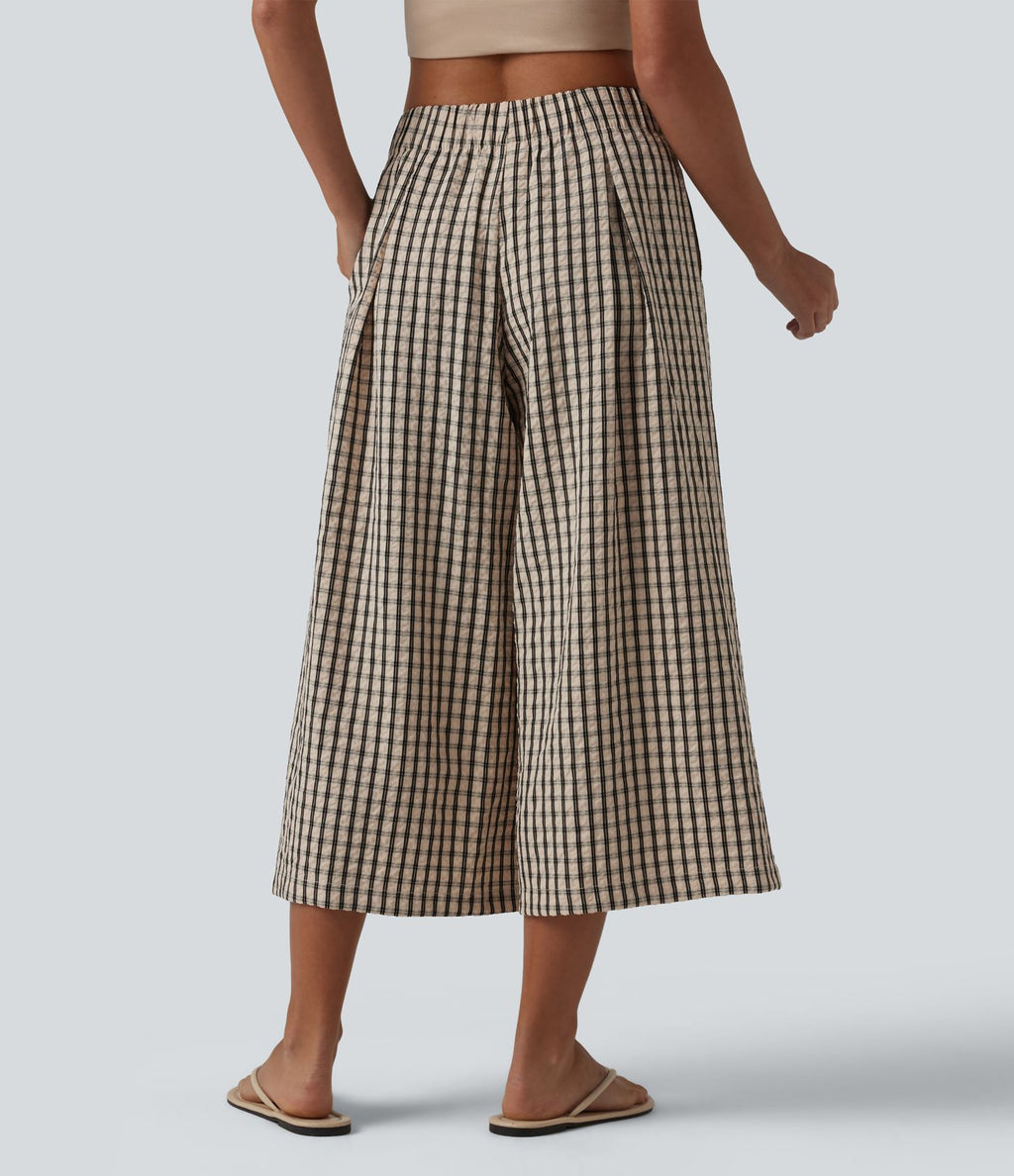 Pantalon ample raccourci à carreaux taille mi-haute avec poches