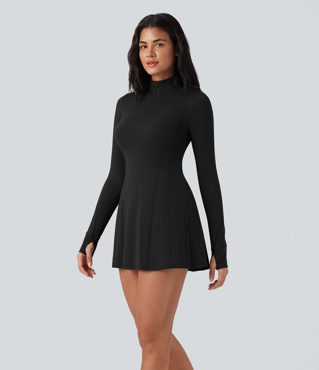Robe de tennis active courte SoftlyZero™ Plush 2-pièces demi-zip manches longues avec trous pouces et poches