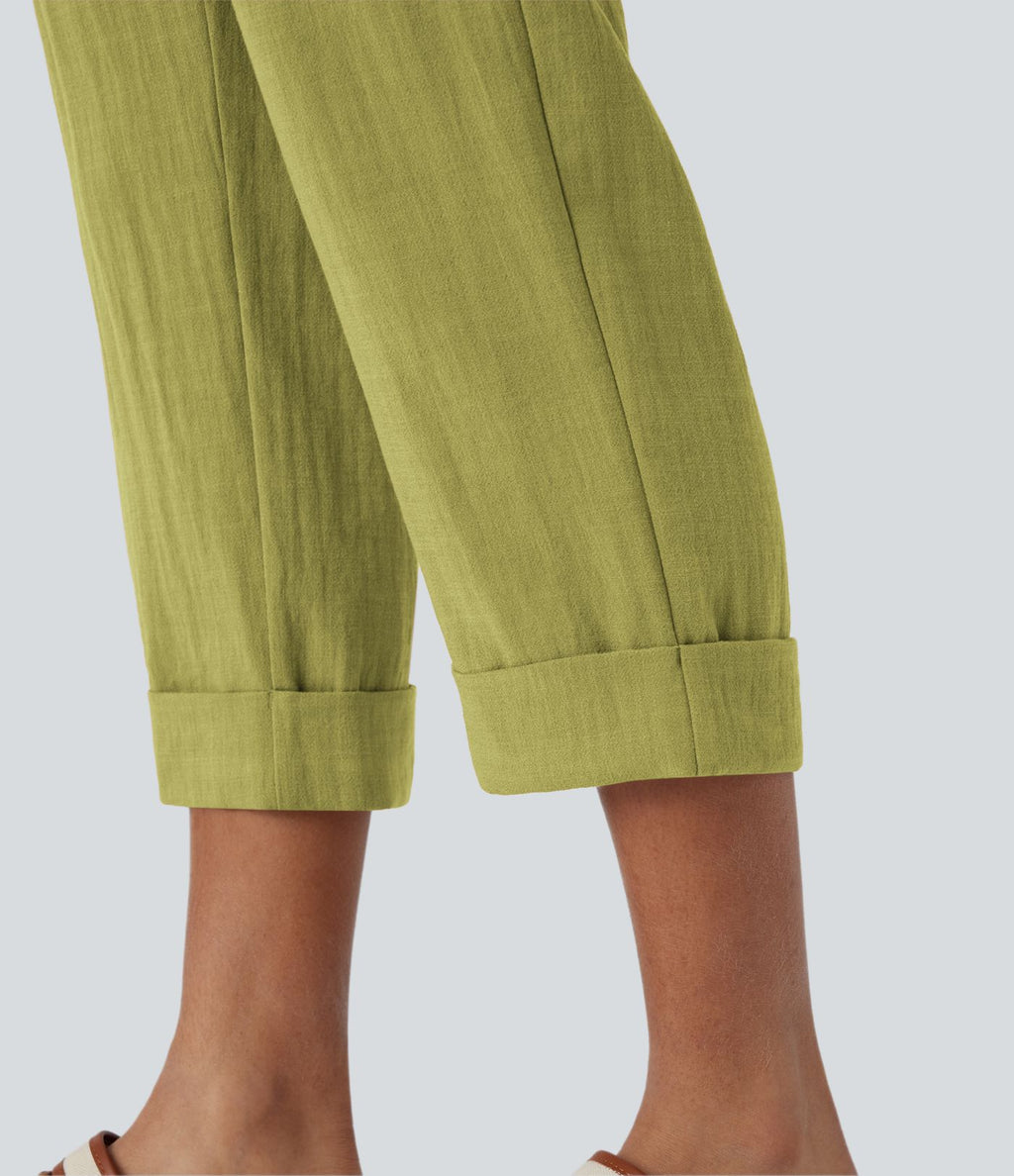 Pantalon capri effet lin taille haute avec poches zippées
