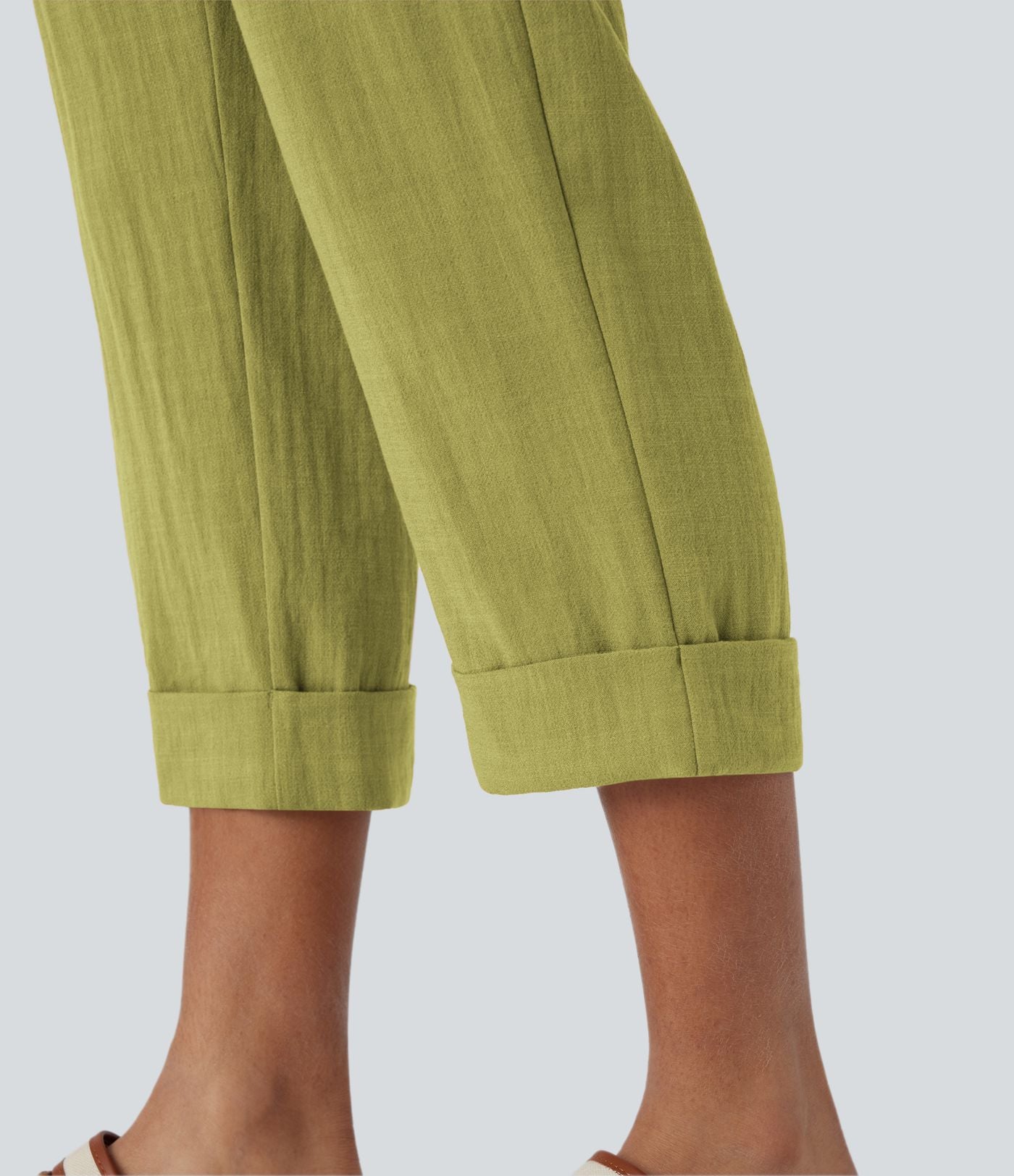 Pantalon capri effet lin taille haute avec poches zippées