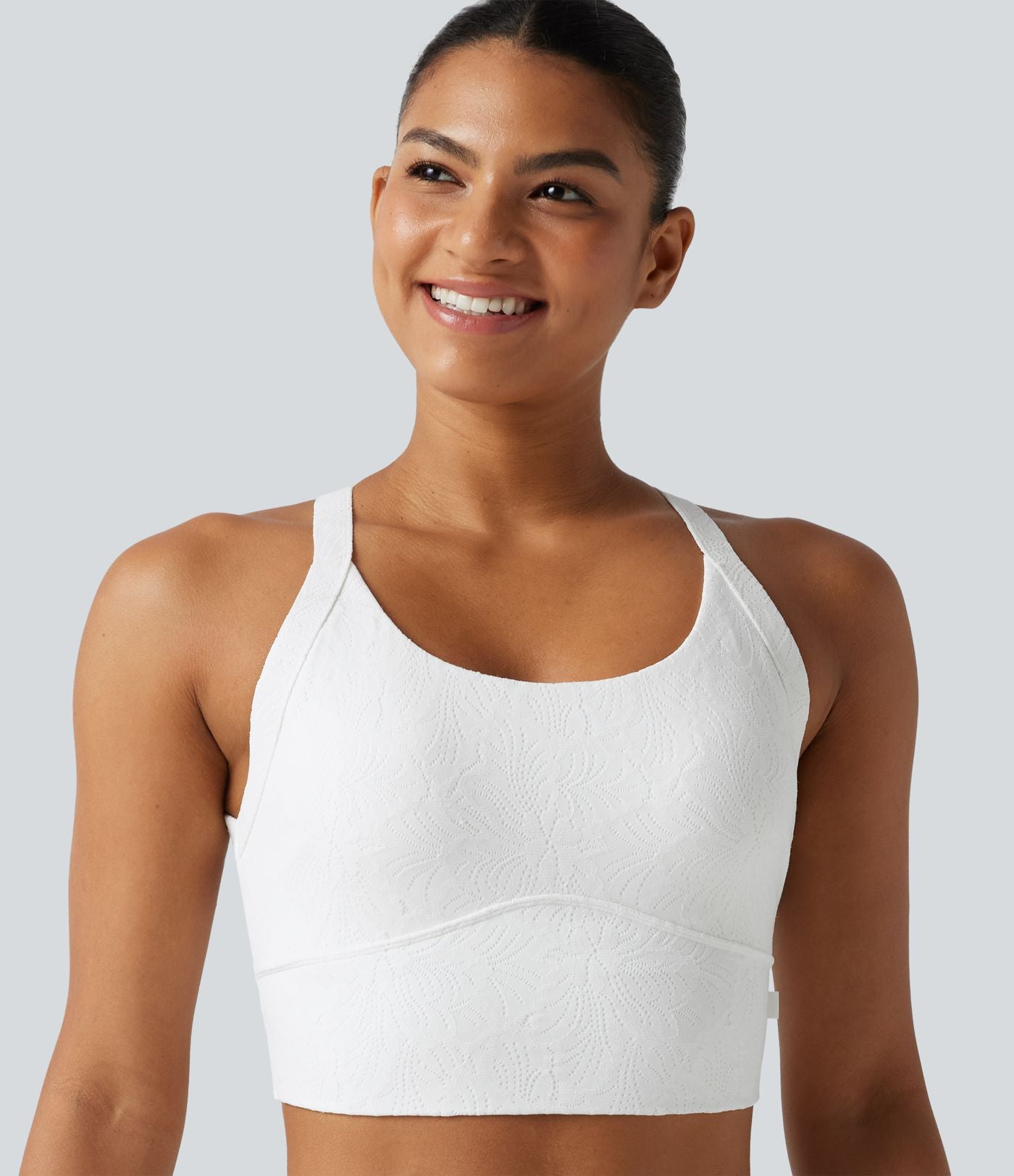Débardeur de yoga SoftlyZero™ dos nu torsadé avec dentelle contrastée, coussinets amovibles et protection solaire UPF 50+
