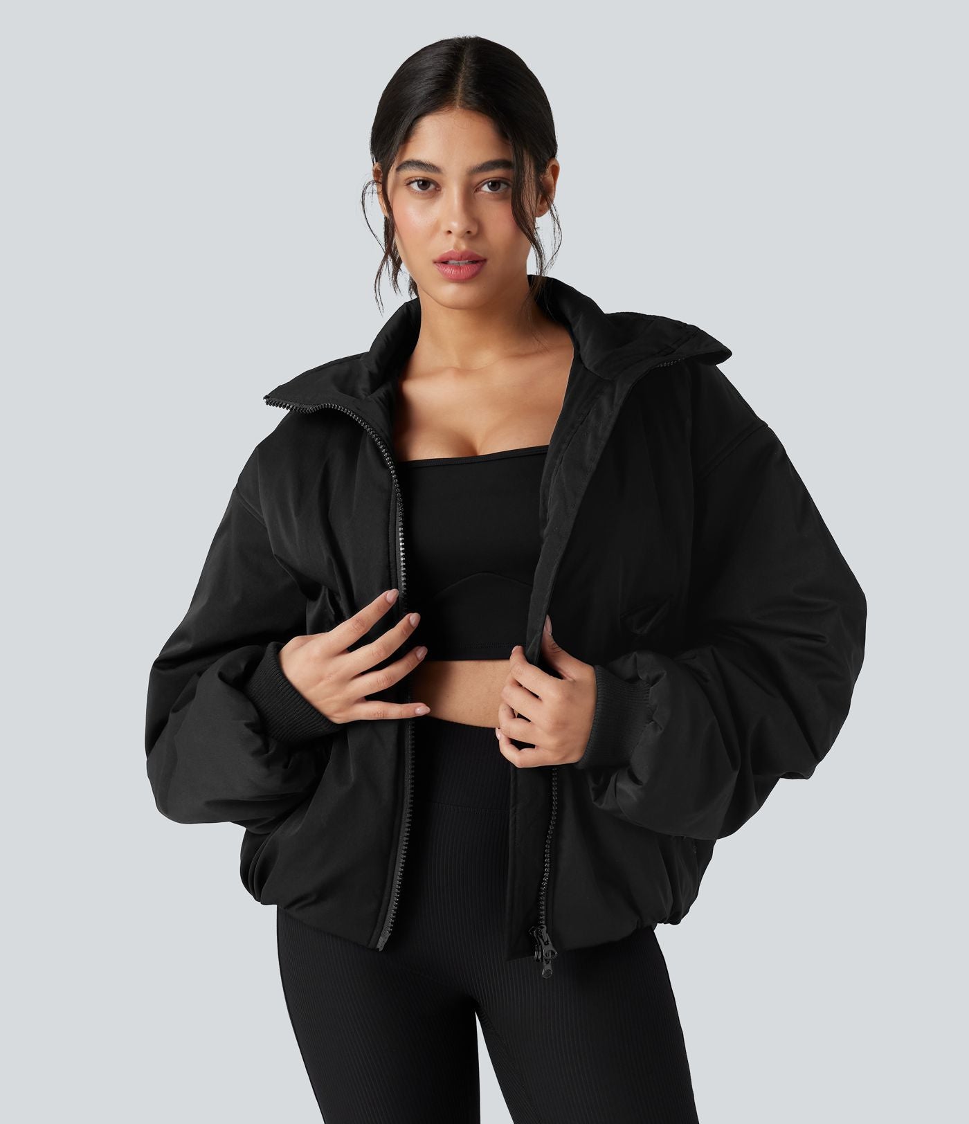 Doudoune casual zippée à col montant et manches longues avec poches
