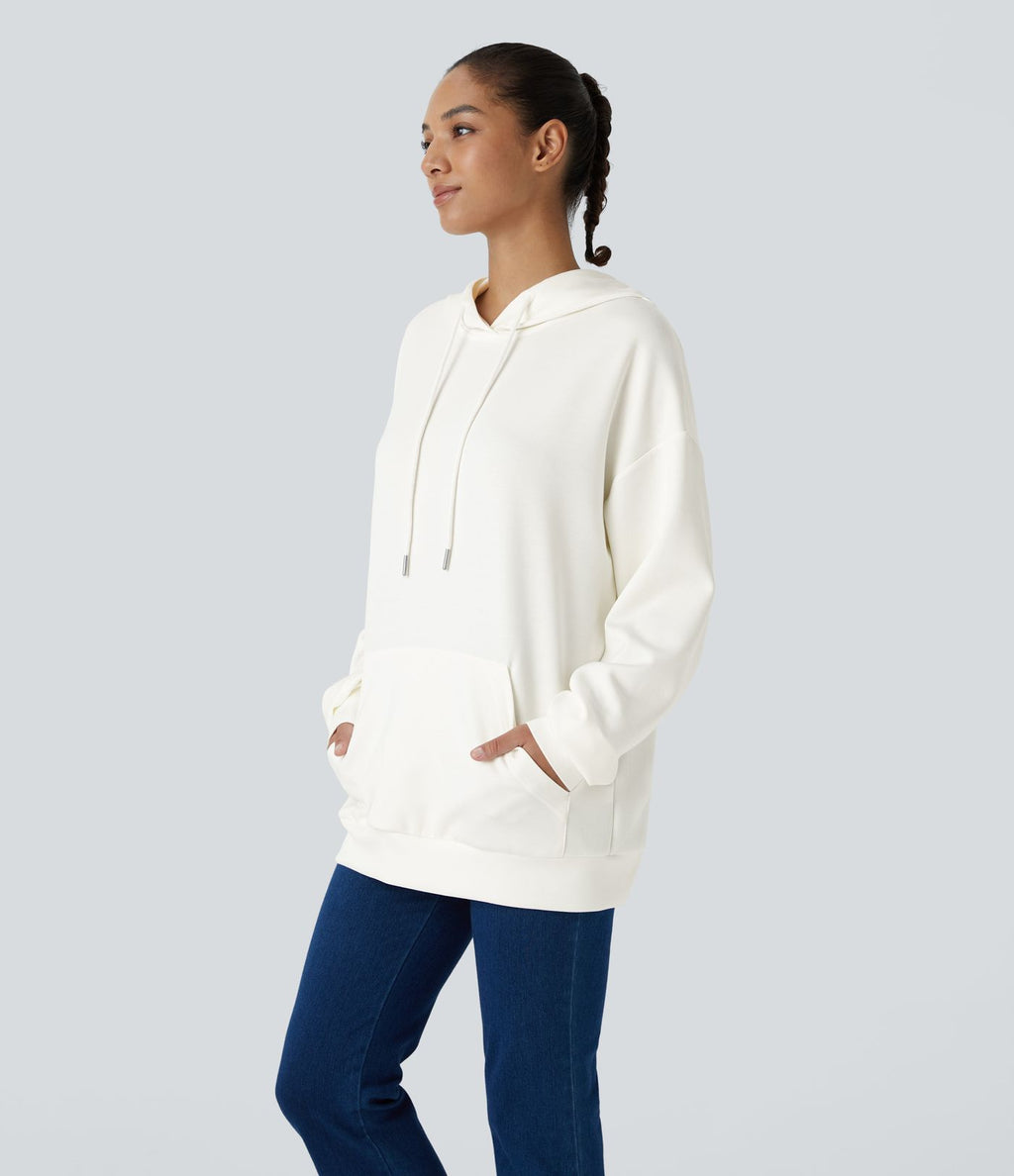 Sweat-shirt décontracté à capuche avec cordon de serrage, manches longues, poche kangourou, coupe croisée et fente