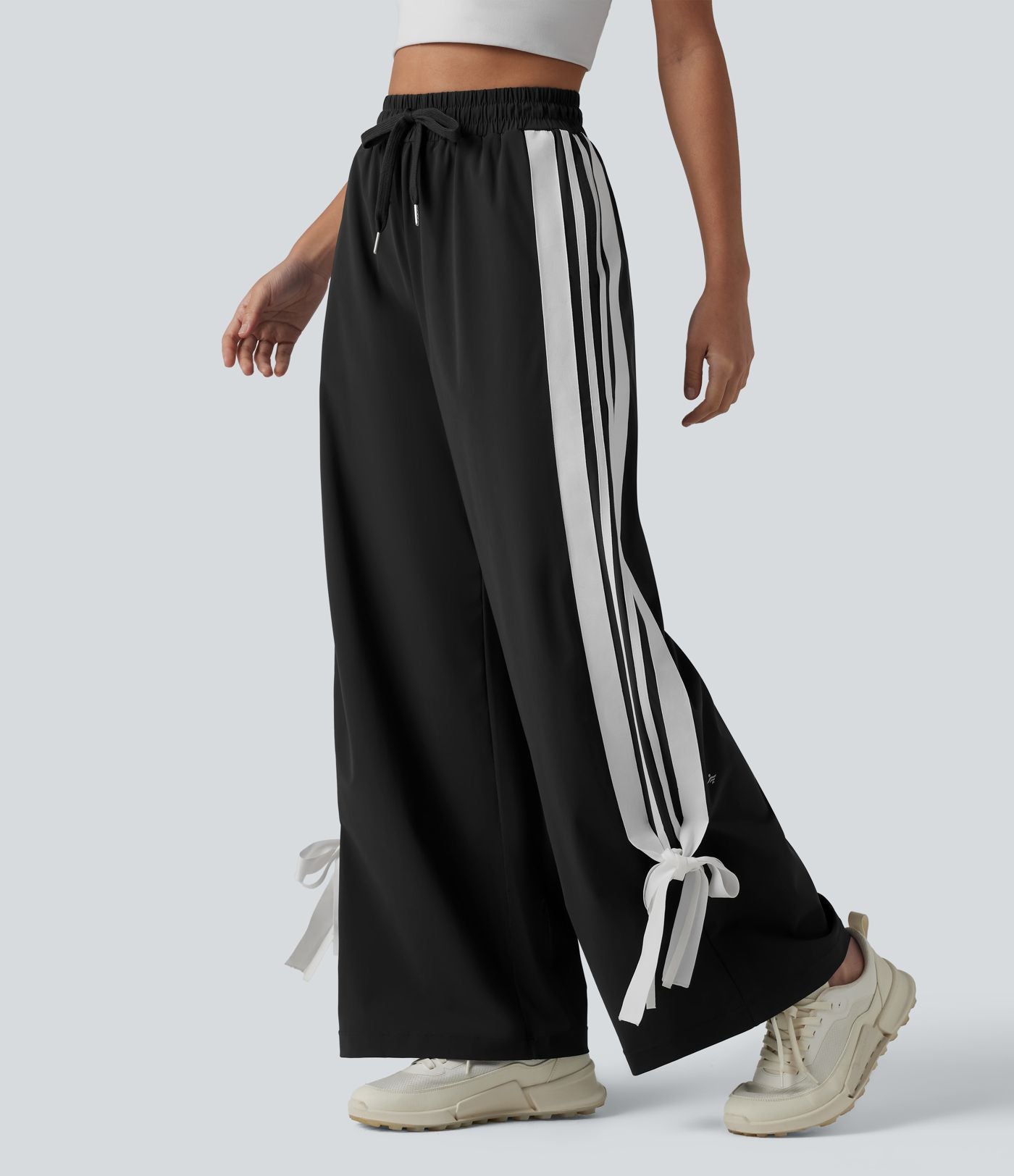 Pantalon large de course taille haute effet frais InstantCool à séchage rapide, color block à rayures avec nœud, cordon de serrage et poches, protection solaire UPF40+