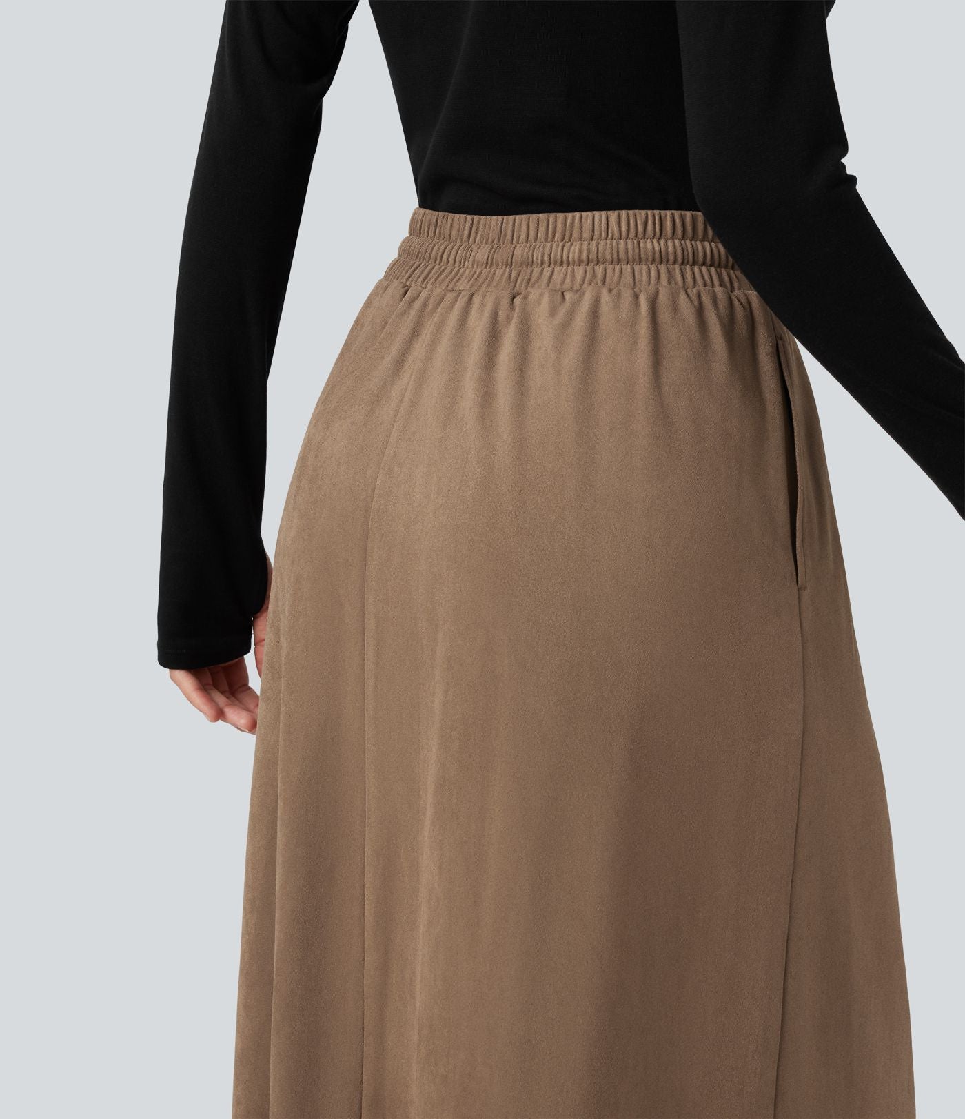 Jupe midi trapèze en suédine taille haute avec cordon de serrage et poches