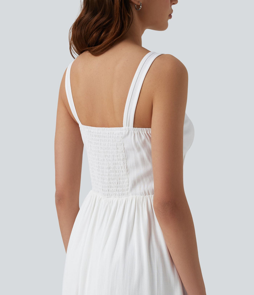 Robe mi-longue casual aspect lin col U avec nœud devant corset