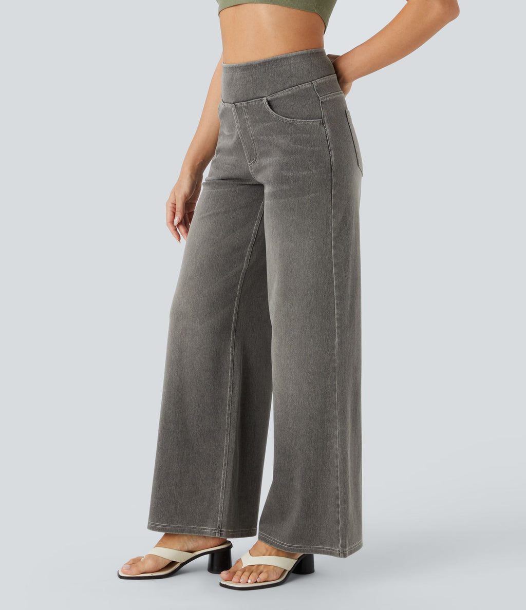 Halara Flex™ Jean Large Casual Taille Haute Poches Multiples Tricot Extensible Délavé