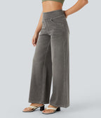 Halara Flex™ Jean Large Casual Taille Haute Poches Multiples Tricot Extensible Délavé