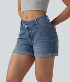 Short denim décontracté Halara Flex™ asymétrique délavé taille haute ourlet roulotté avec poches