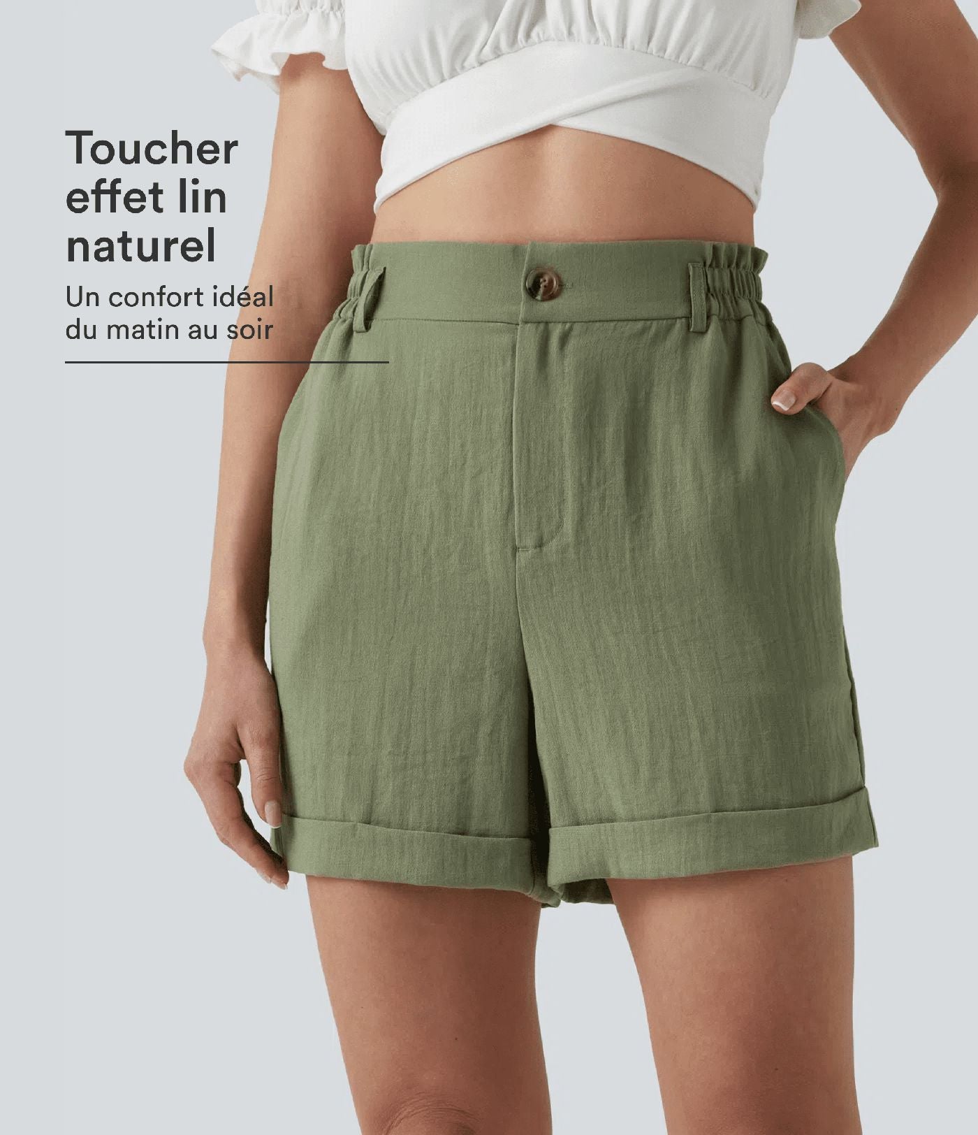 Short resort 12,5 cm taille haute effet lin avec ourlet roulotté et poches
