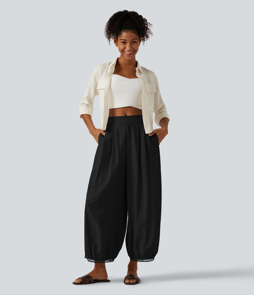 Pantalon casual barrel longueur 7/8 taille mi-haute à bordure ajourée avec poches