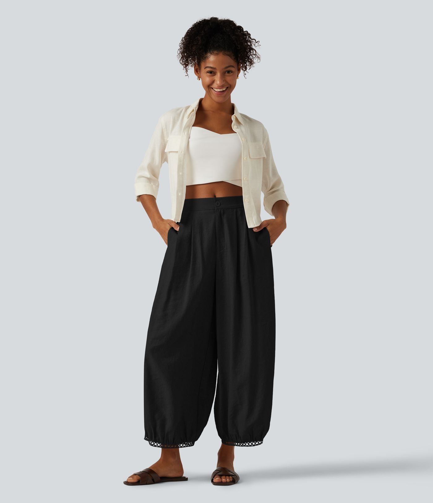 Pantalon casual barrel longueur 7/8 taille mi-haute à bordure ajourée avec poches