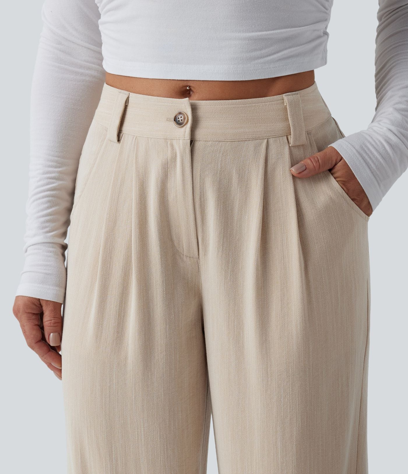 Pantalon décontracté mi-taille effet lin avec poches