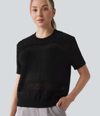 Pull tailleur col rond manches courtes crochet