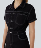 Halara Flex™ combi-short utilitaire à col et manches courtes en jean extensible délavé avec poches multiples