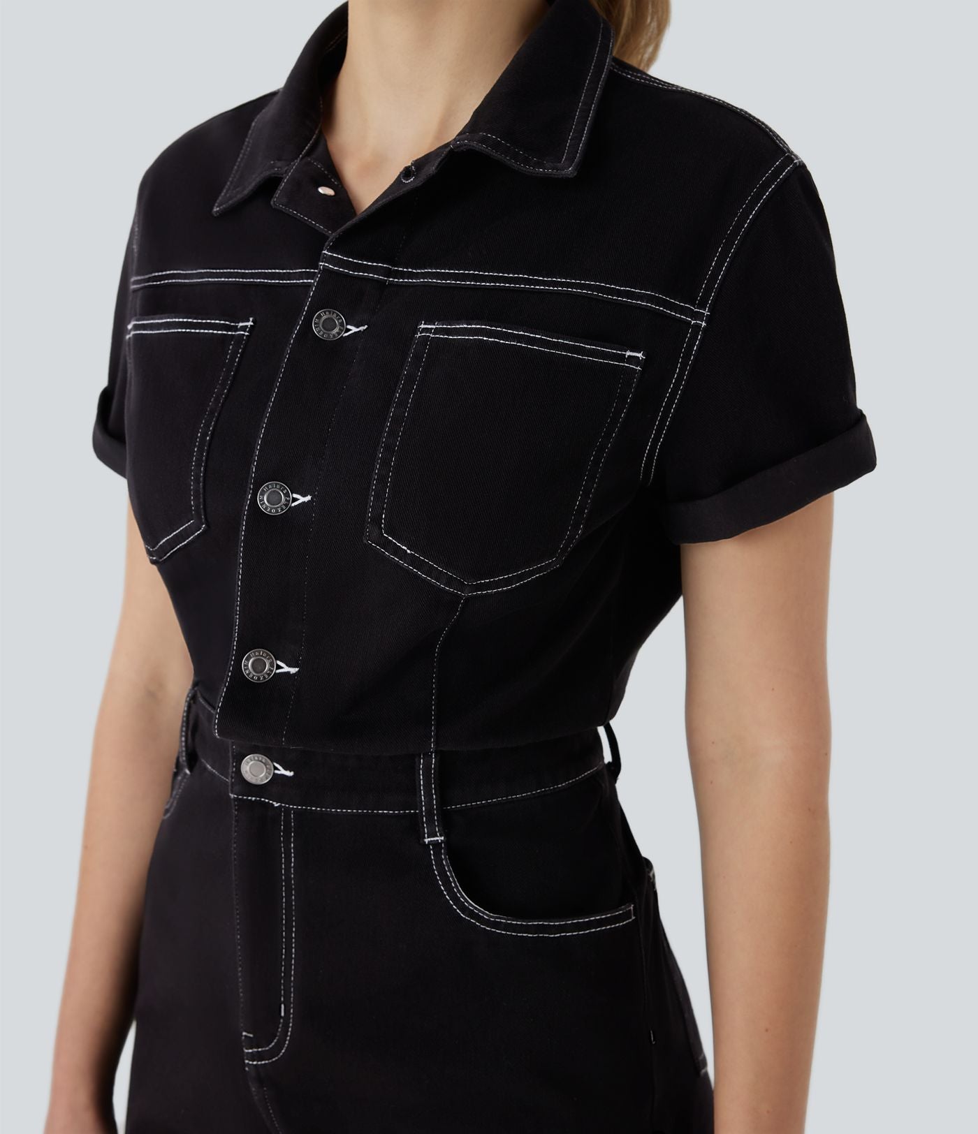 Halara Flex™ combi-short utilitaire à col et manches courtes en jean extensible délavé avec poches multiples