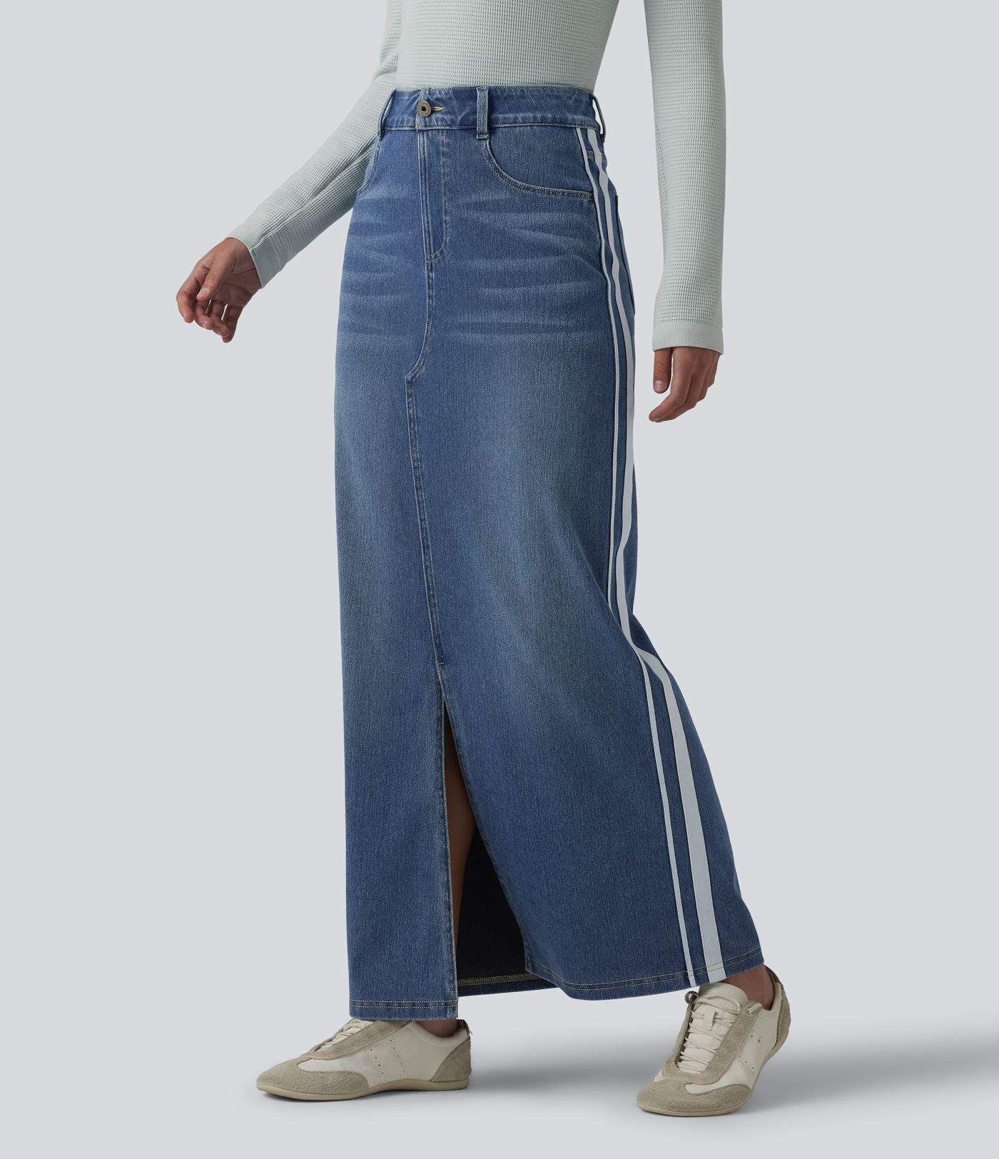 Jupe en jean longue décontractée délavée à rayures taille haute Halara Flex™ avec poches