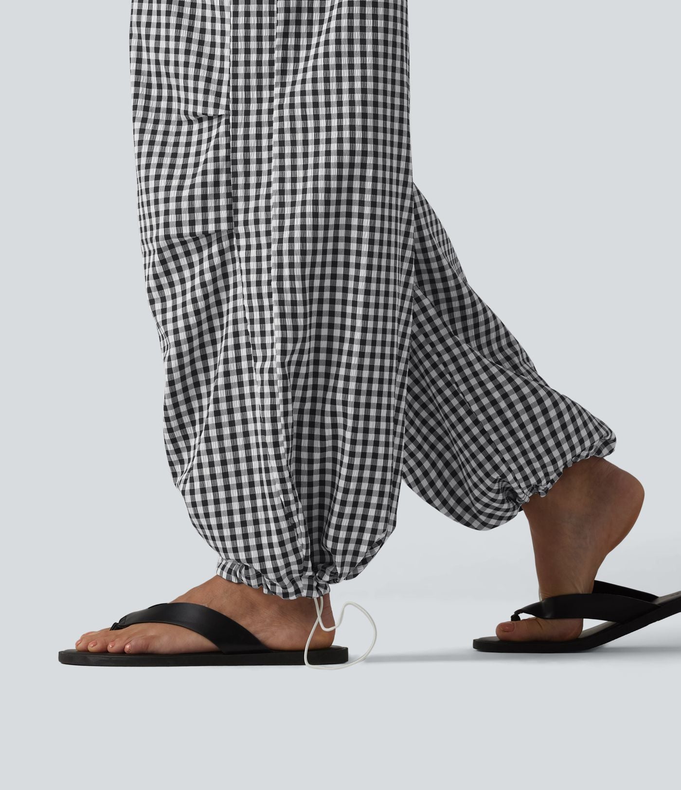 Pantalon ample décontracté à carreaux vichy, taille mi-haute, cordon de serrage et poches