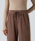 Pantalon jogging décontracté droit colorblock en velours côtelé, taille haute, avec cordon et poches