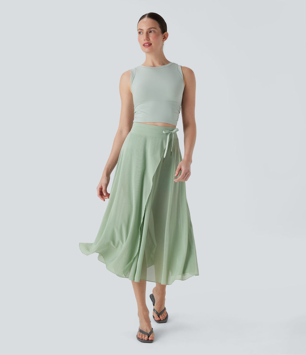 Jupe Casual Évasée Mesh Mi-Longue Fuide 2 en 1 Contrastée Taille Haute Cordon Poche Latérale
