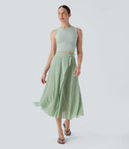 Jupe Casual Évasée Mesh Mi-Longue Fuide 2 en 1 Contrastée Taille Haute Cordon Poche Latérale