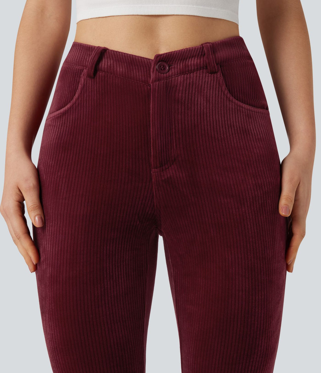 Pantalon évasé velours côtelé ceinture en V taille haute avec poches