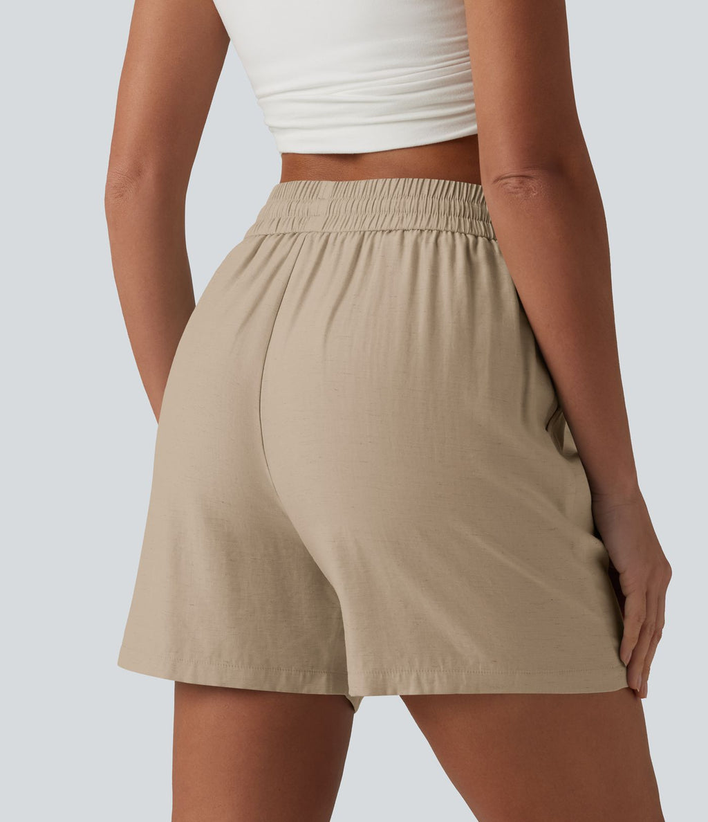 Short décontracté ample en lin mélangé taille haute avec cordon de serrage, 12,5 cm, et poches