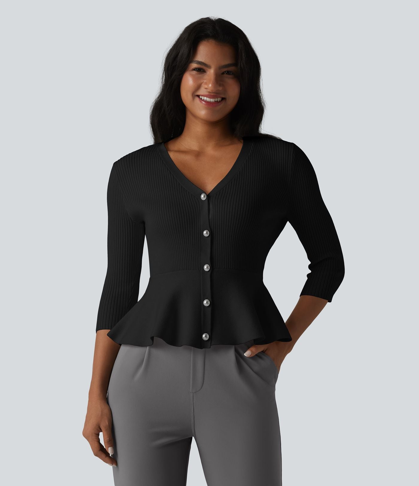 Gilet péplum à col en V et manches 3/4