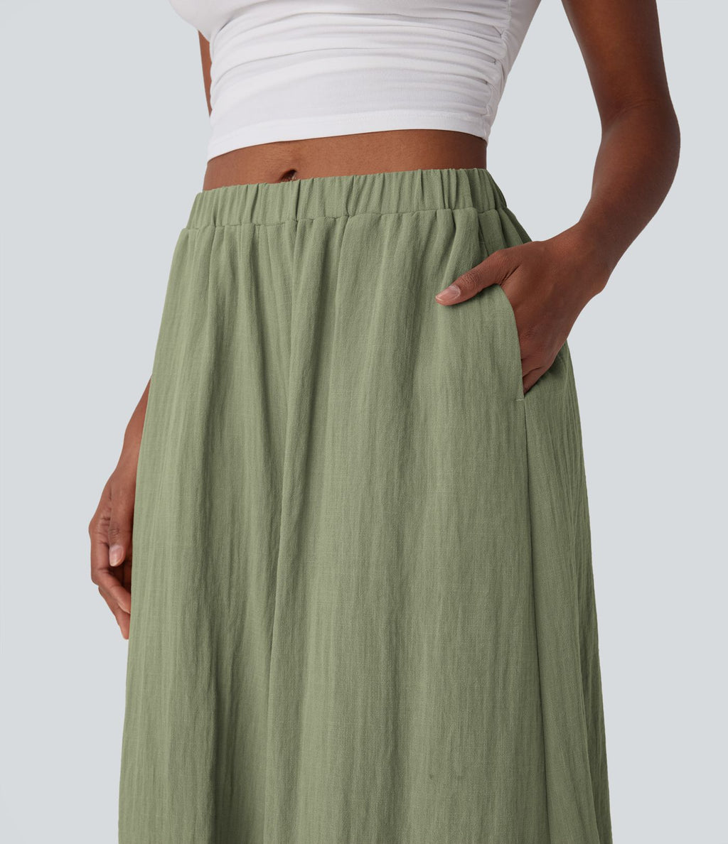 Pantalon fluide large taille mi-haute effet lin avec poche