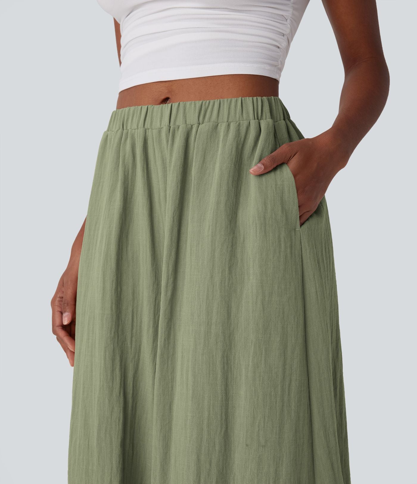 Pantalon fluide large taille mi-haute effet lin avec poche