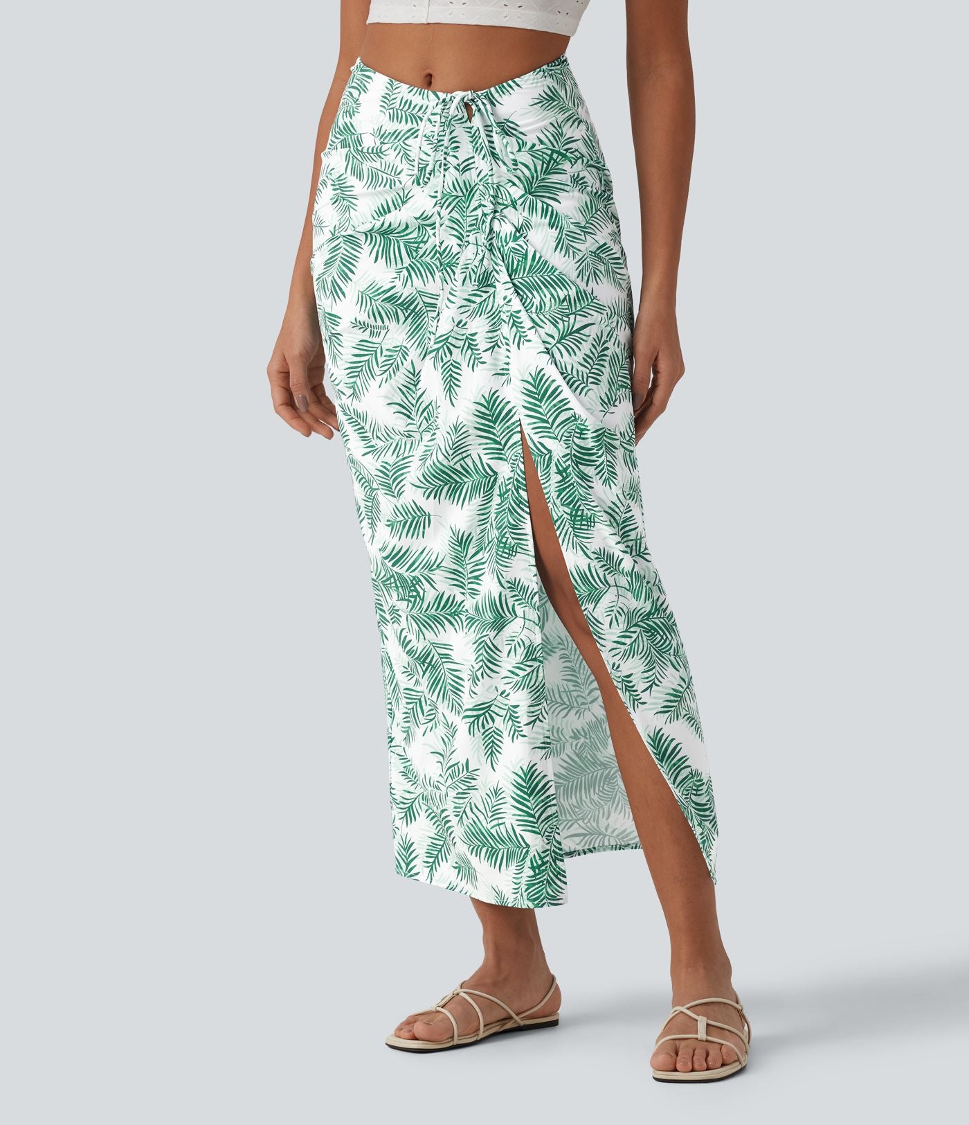 Jupe longue moulante taille mi-haute avec nœud devant et fronces imprimé floral/à rayures