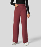 Pantalon Jogging en Fleece Thermique Jambe Droite Boutons Taille Haute Plusieurs Poches