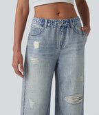 Jogging jean décontracté en molleton French Terry imprimé denim taille mi-haute avec poches