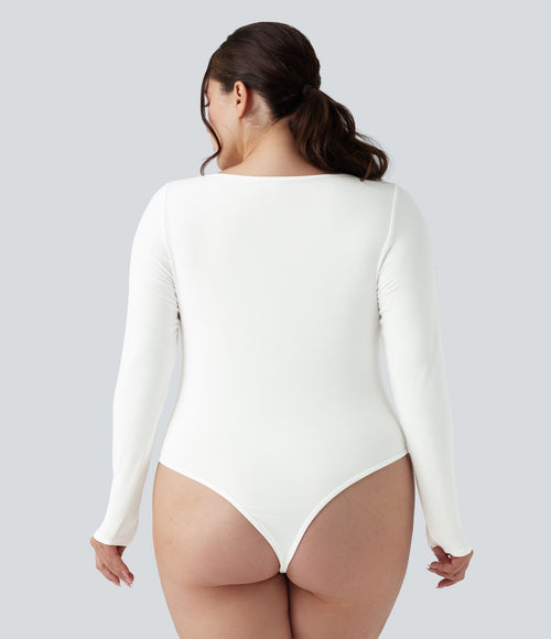 Body grande taille maille côtelée col carré manches longues ajusté