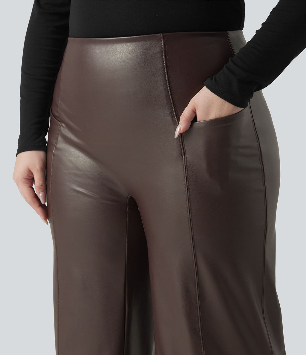 Pantalon flare grande taille en simili stretch doublé polaire, taille haute effet ventre plat avec poches