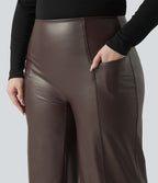 Pantalon flare grande taille en simili stretch doublé polaire, taille haute effet ventre plat avec poches