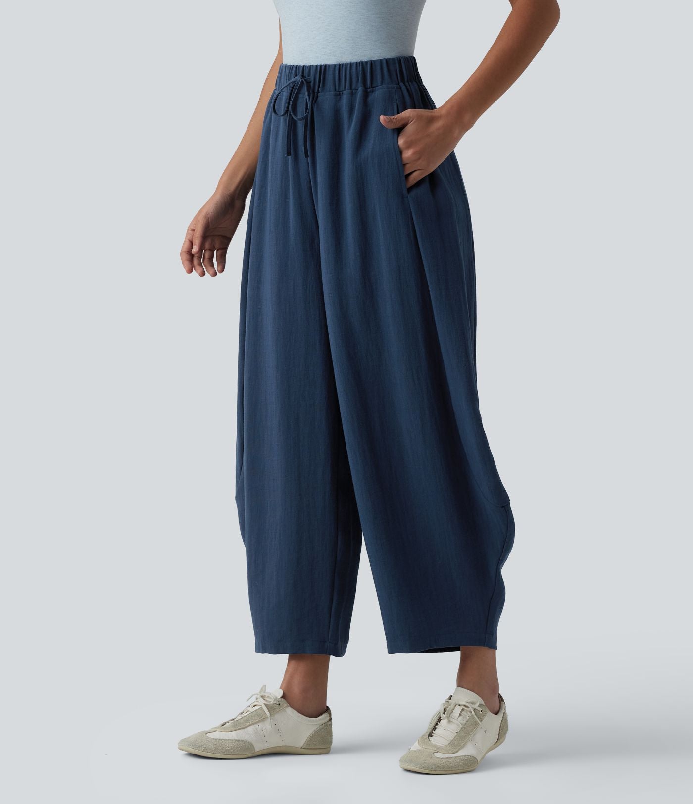 Pantalon décontracté effet lin jambes ballon taille haute avec cordon de serrage et poches