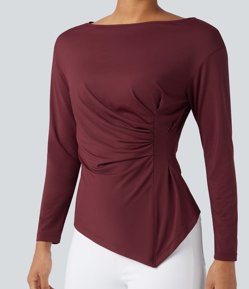 Blouse de travail ajustée col bateau manches longues froncée à ourlet asymétrique