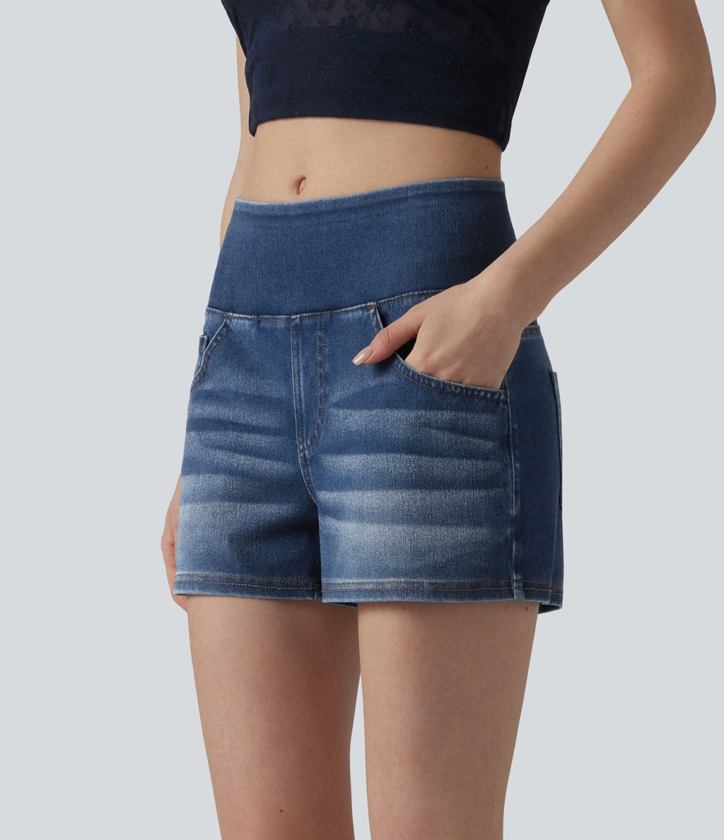 Halara Flex™ Short décontracté en denim lyocell délavé taille mi-haute drapé 9 cm avec poches