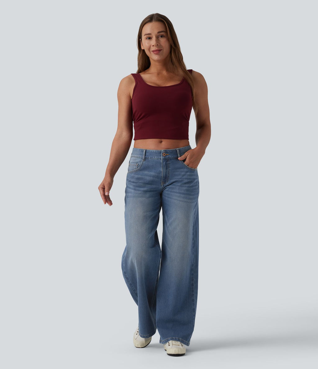 Halara Flex™ Jean Large Casual Taille Basse avec Boutons Zip Multiples Poches Lavés Élastiques et Tricotés