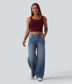 Halara Flex™ Jean Large Casual Taille Basse avec Boutons Zip Multiples Poches Lavés Élastiques et Tricotés