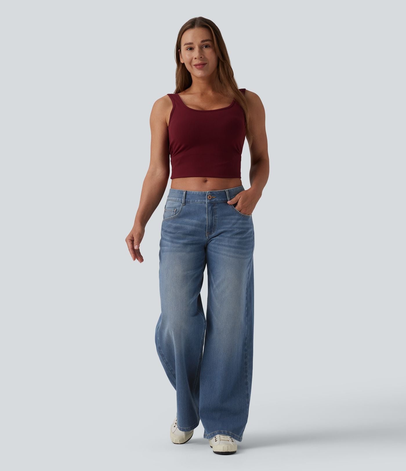 Halara Flex™ Jean Large Casual Taille Basse avec Boutons Zip Multiples Poches Lavés Élastiques et Tricotés