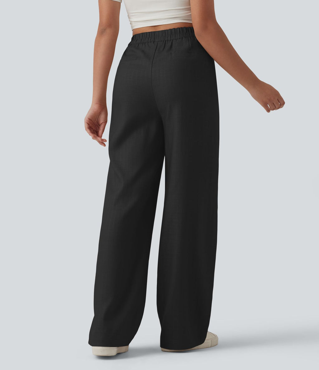 Pantalon large fluide décontracté en lin mélangé taille haute avec cordon de serrage et poches